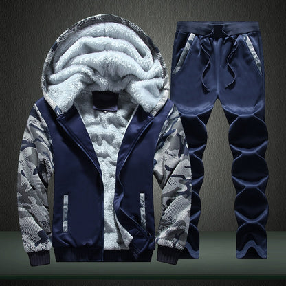 Autumn & Winter Plus Velvet Men's Sports Camouflage Two-Piece Set Men's Casual Thick Warm Coat Men'S Wear
