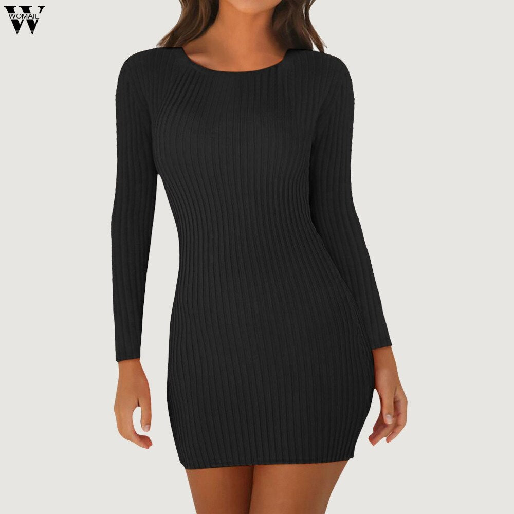 Knitted Sweater Dress Women Fashion Sheath O Neck Pullover Female Knitted Dress Vestidos Feminino 8.27