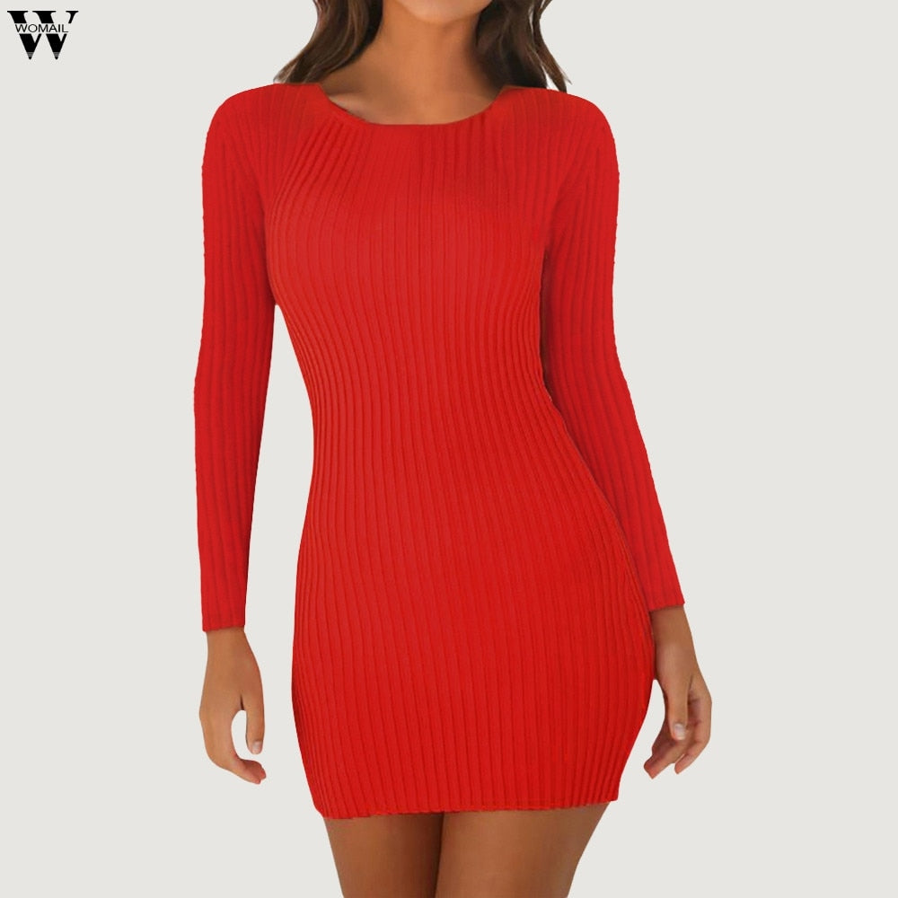 Knitted Sweater Dress Women Fashion Sheath O Neck Pullover Female Knitted Dress Vestidos Feminino 8.27