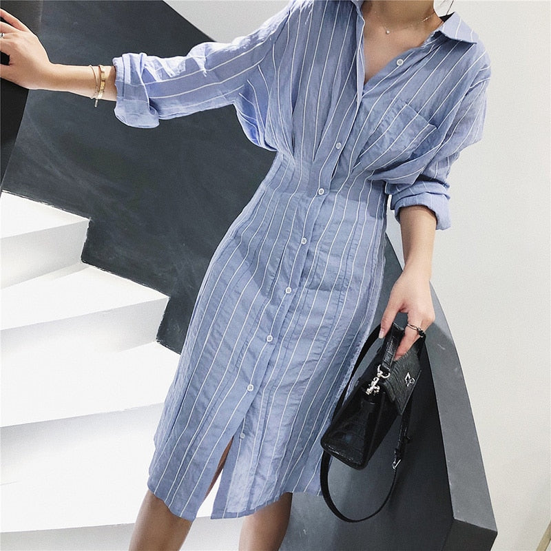 Korean Style Slim Waist Striped Shirt Dress Long Sleeve Knee Length Ladies Elegant Midi Dress Vestidos Jurken