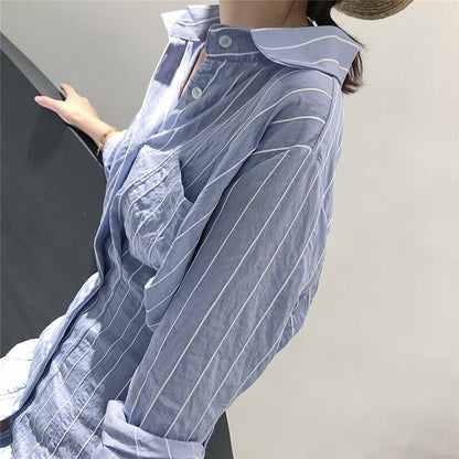 Korean Style Slim Waist Striped Shirt Dress Long Sleeve Knee Length Ladies Elegant Midi Dress Vestidos Jurken
