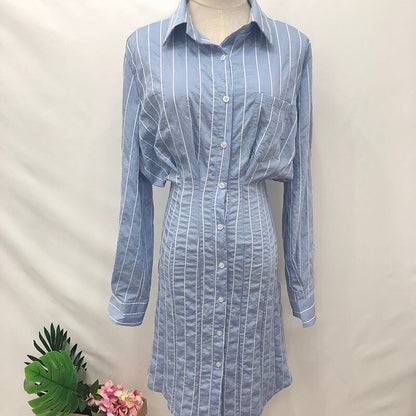 Korean Style Slim Waist Striped Shirt Dress Long Sleeve Knee Length Ladies Elegant Midi Dress Vestidos Jurken