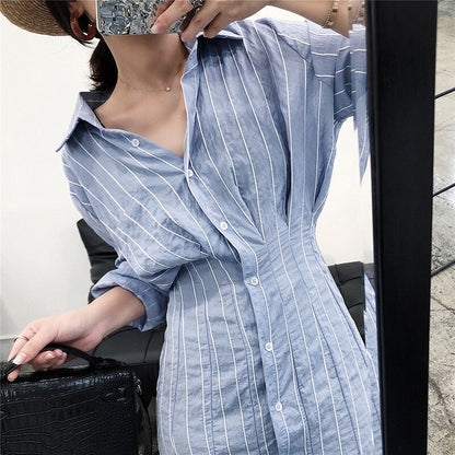 Korean Style Slim Waist Striped Shirt Dress Long Sleeve Knee Length Ladies Elegant Midi Dress Vestidos Jurken
