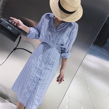 Korean Style Slim Waist Striped Shirt Dress Long Sleeve Knee Length Ladies Elegant Midi Dress Vestidos Jurken