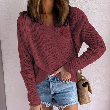 Women's European Knitted Sweater Tops Solid Color Bottoming Pullover V-neck sweater Women's clothing