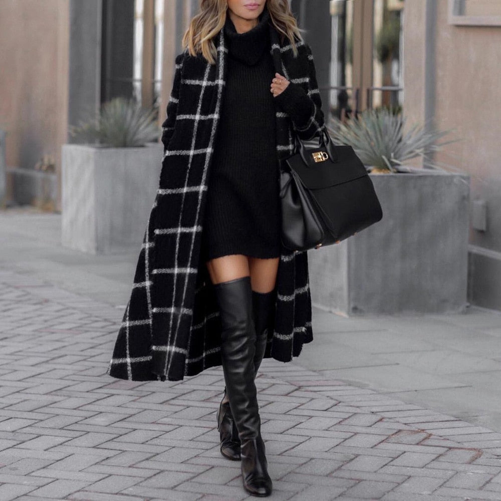 Autumn and winter European and American woolen plaid coat loose with belt and hood long women's clothing