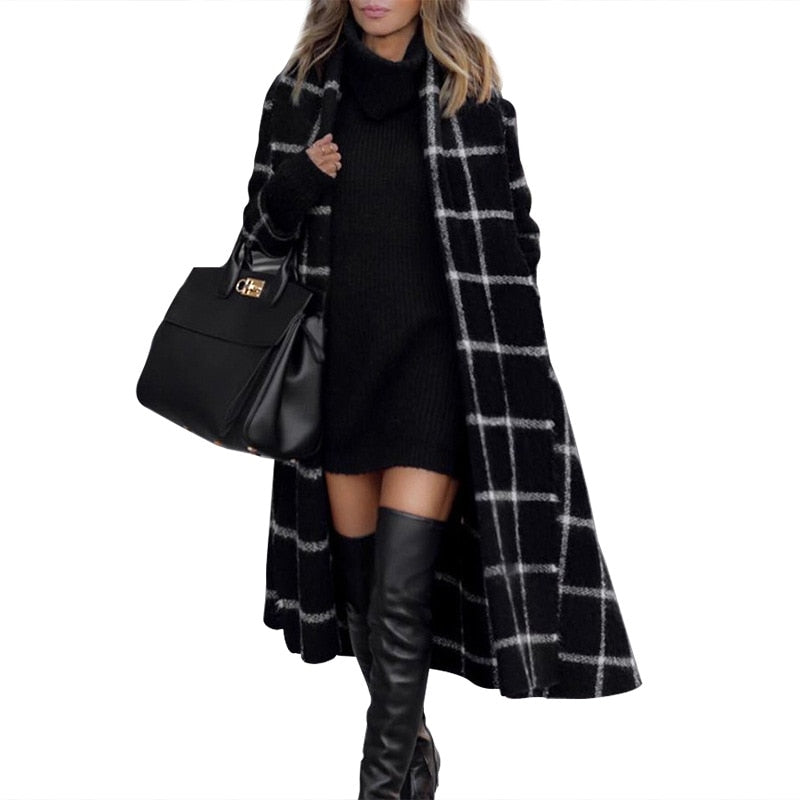 Autumn and winter European and American woolen plaid coat loose with belt and hood long women's clothing