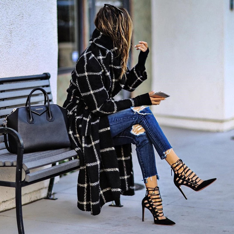 Autumn and winter European and American woolen plaid coat loose with belt and hood long women's clothing