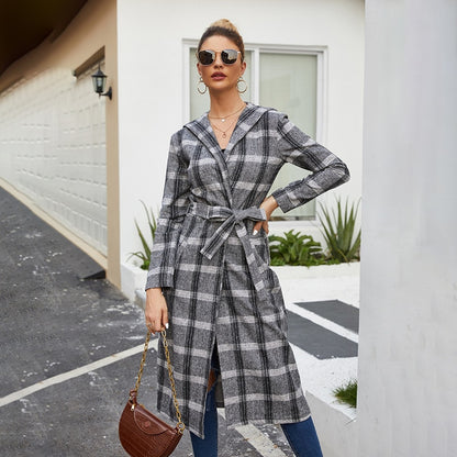 Autumn and winter European and American woolen plaid coat loose with belt and hood long women's clothing