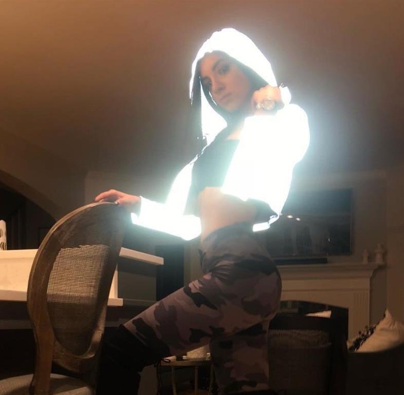 Full Reflective Jacket wWomen harajuku Hooded hip hop streetwear night shiny zipper Long Sleeve Cropped coats Outwear