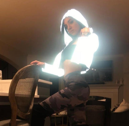 Full Reflective Jacket wWomen harajuku Hooded hip hop streetwear night shiny zipper Long Sleeve Cropped coats Outwear