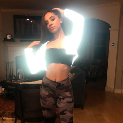 Full Reflective Jacket wWomen harajuku Hooded hip hop streetwear night shiny zipper Long Sleeve Cropped coats Outwear