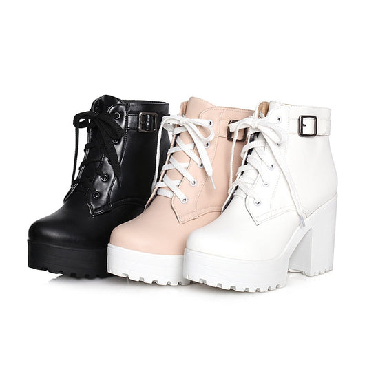 Autumn ladies Martin boots round toe buckle shoes female high heels youth girl shoes fashion large size lace-up shoes