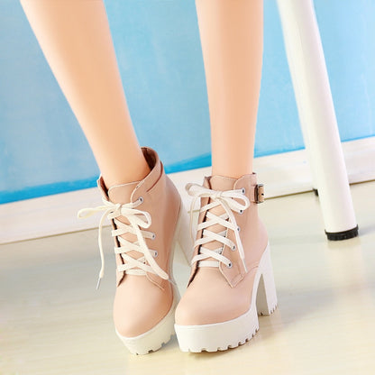 Autumn ladies Martin boots round toe buckle shoes female high heels youth girl shoes fashion large size lace-up shoes
