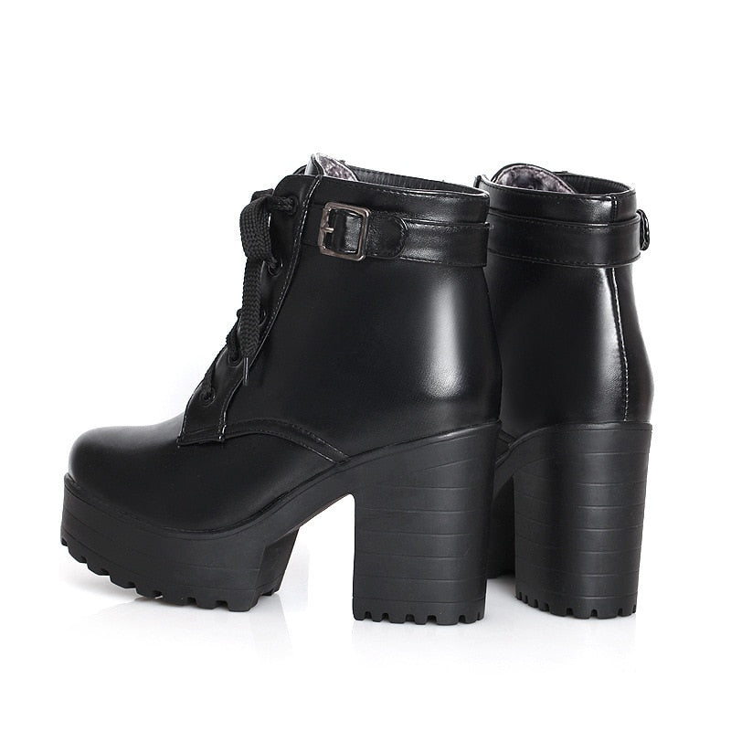 Autumn ladies Martin boots round toe buckle shoes female high heels youth girl shoes fashion large size lace-up shoes