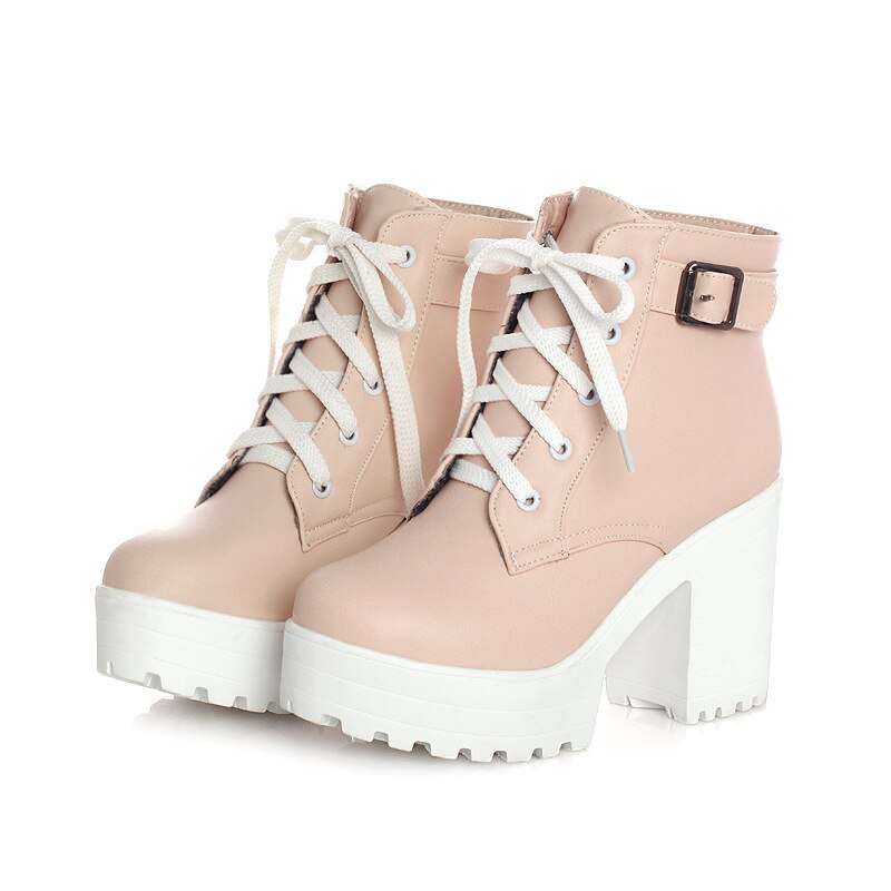Autumn ladies Martin boots round toe buckle shoes female high heels youth girl shoes fashion large size lace-up shoes