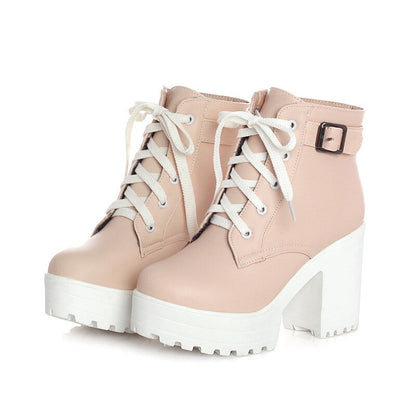 Autumn ladies Martin boots round toe buckle shoes female high heels youth girl shoes fashion large size lace-up shoes