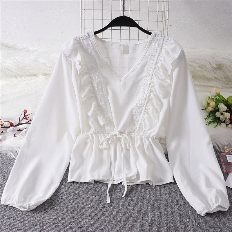 Autumn spring shirt blouse Women ladies Ruffles Elegant casual long sleeve V Neck Clothes Hot Fashion solid Bandage Blusas tops