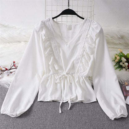 Autumn spring shirt blouse Women ladies Ruffles Elegant casual long sleeve V Neck Clothes Hot Fashion solid Bandage Blusas tops