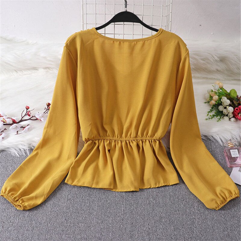 Autumn spring shirt blouse Women ladies Ruffles Elegant casual long sleeve V Neck Clothes Hot Fashion solid Bandage Blusas tops