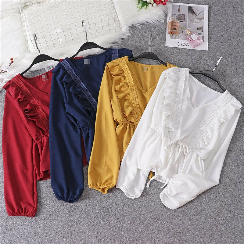 Autumn spring shirt blouse Women ladies Ruffles Elegant casual long sleeve V Neck Clothes Hot Fashion solid Bandage Blusas tops