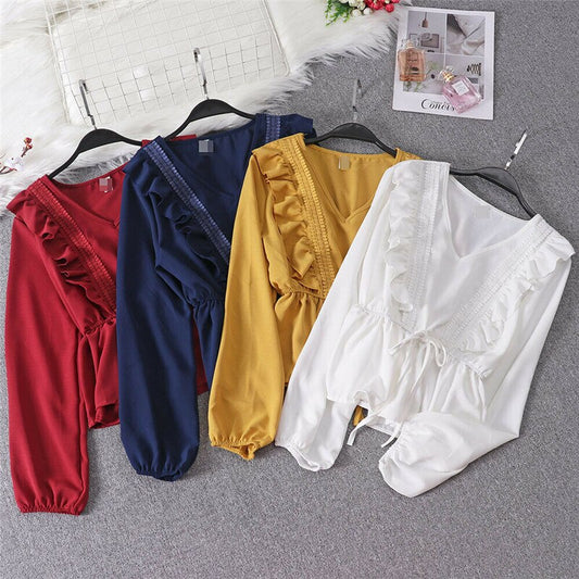 Autumn spring shirt blouse Women ladies Ruffles Elegant casual long sleeve V Neck Clothes Hot Fashion solid Bandage Blusas tops