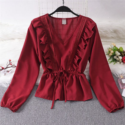 Autumn spring shirt blouse Women ladies Ruffles Elegant casual long sleeve V Neck Clothes Hot Fashion solid Bandage Blusas tops