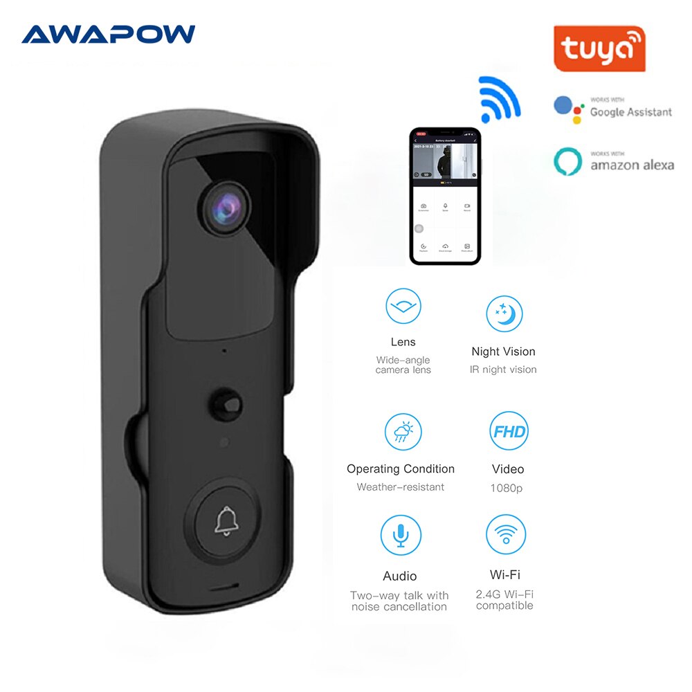 Awapow Smart Tuya Video Doorbell WIFI Connected With Video Surveillance Camera HD Night Vision Picture Doorbell Security System