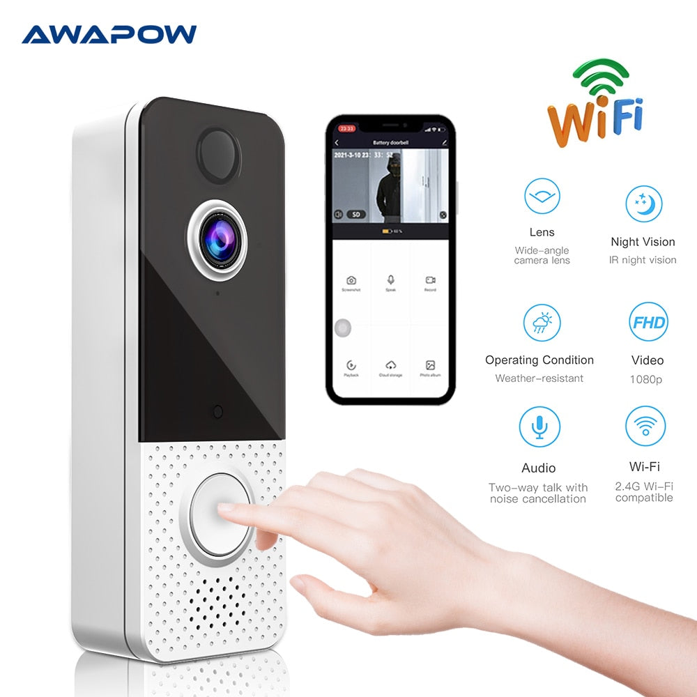 Awapow Smart Video Doorbell T8 Wireless Security USB Charging WiFi Video Doorbell Infrared High Definition Night Vision Doorbell