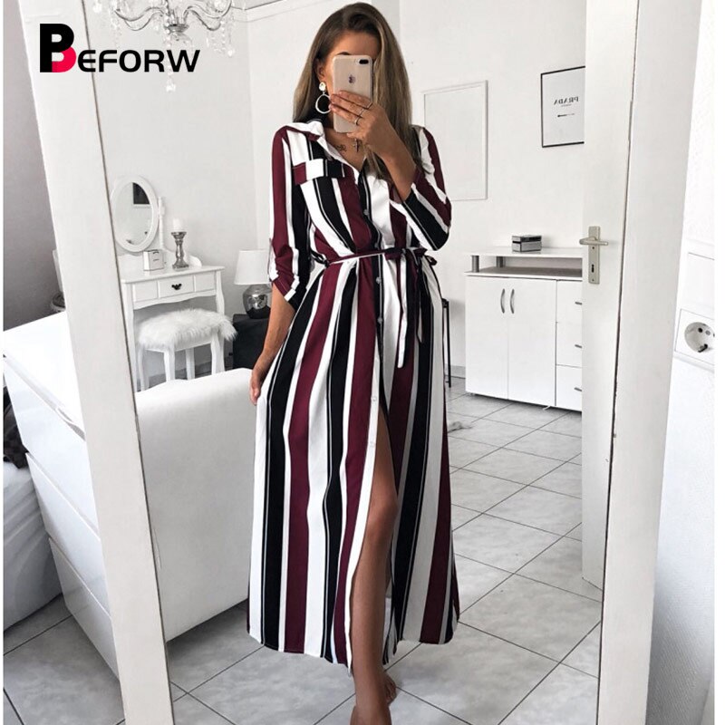 BEFORW Long Sleeve Shirt Dress 2019 New Fall Fashion Women Fringe Print Dresses Casual Sexy Party Elegant Long Dress Leg Split