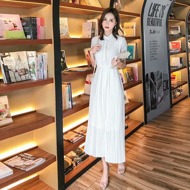 BEST Spring 2019 Long Pleated Dress Summer Casual Women High Waist Elascity