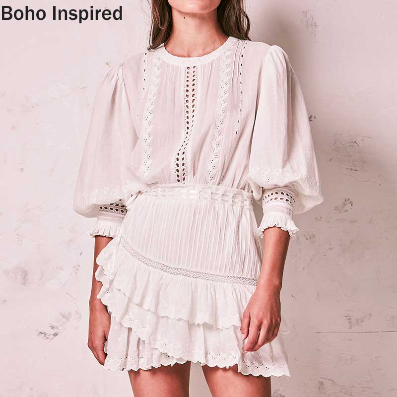 BOHO INSPIRED Lorelei tiered white party dress embroidery ruffle dress women O-neck lantern sleeve mini cotton boho dress 2020
