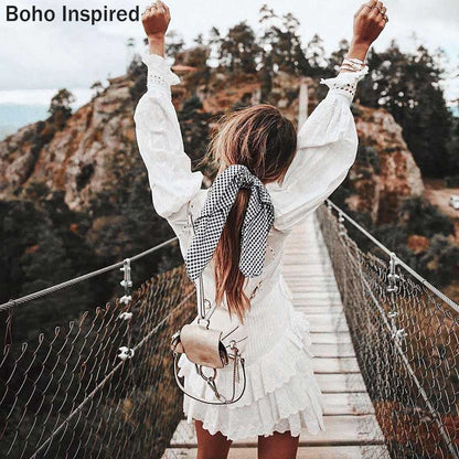 BOHO INSPIRED Lorelei tiered white party dress embroidery ruffle dress women O-neck lantern sleeve mini cotton boho dress 2020