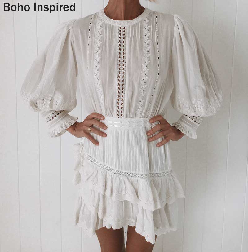 BOHO INSPIRED Lorelei tiered white party dress embroidery ruffle dress women O-neck lantern sleeve mini cotton boho dress 2020
