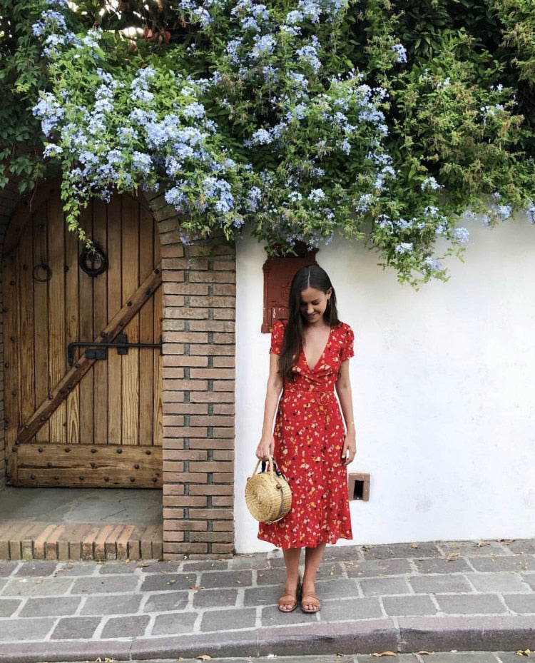 BOHO INSPIRED Wild Cherry printed wrap summer dress short sleeve V-neck sashes midi dress female chiffon party women vestidos