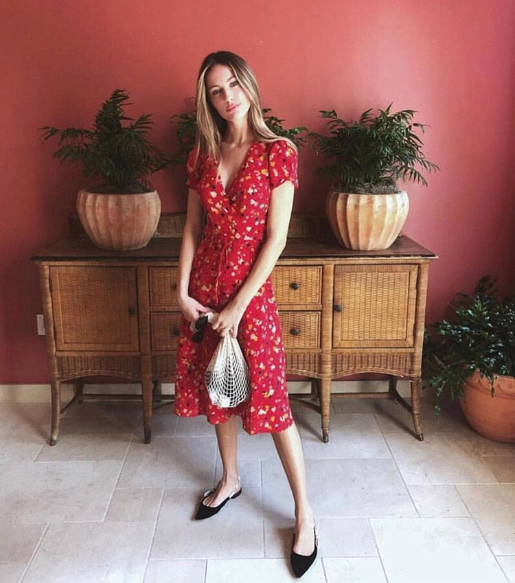 BOHO INSPIRED Wild Cherry printed wrap summer dress short sleeve V-neck sashes midi dress female chiffon party women vestidos