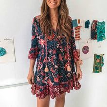 Load image into Gallery viewer, BOHO INSPIRED twilight birds mini boho dress loose flare sleeve V neck summer dress gypsy women dress 2020 hippie chic dress
