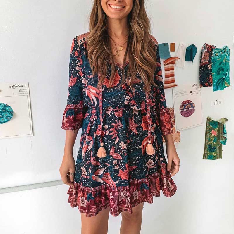 BOHO INSPIRED twilight birds mini boho dress loose flare sleeve V neck summer dress gypsy women dress 2020 hippie chic dress