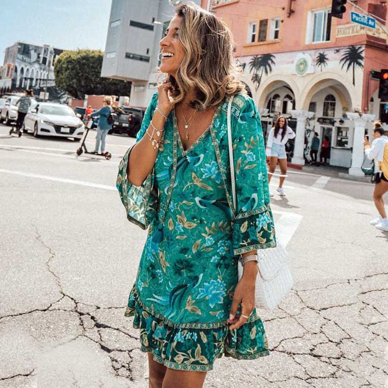 BOHO INSPIRED twilight birds mini boho dress loose flare sleeve V neck summer dress gypsy women dress 2020 hippie chic dress