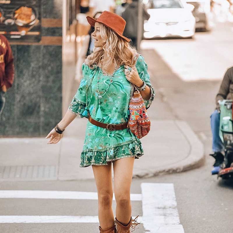 BOHO INSPIRED twilight birds mini boho dress loose flare sleeve V neck summer dress gypsy women dress 2020 hippie chic dress