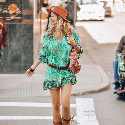 BOHO INSPIRED twilight birds mini boho dress loose flare sleeve V neck summer dress gypsy women dress 2020 hippie chic dress