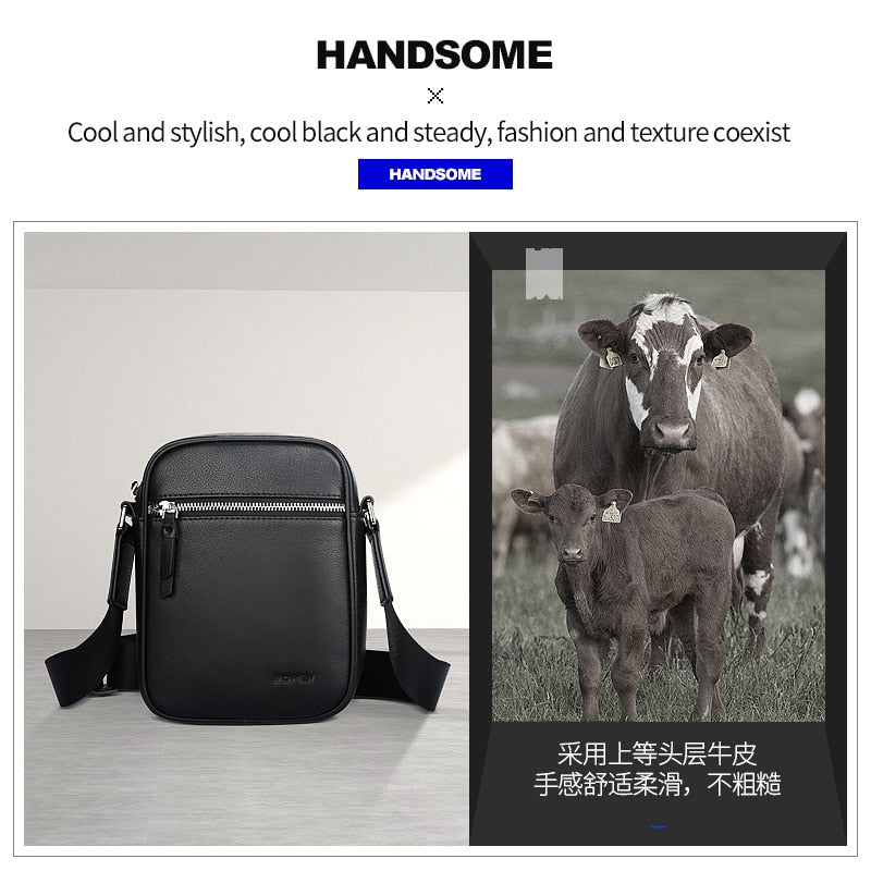BOPAI Cow Leather Crossbody Bag Light Casual Handbags Small Flap Messenger Bags For Men Shoulder Bag Large Capacity