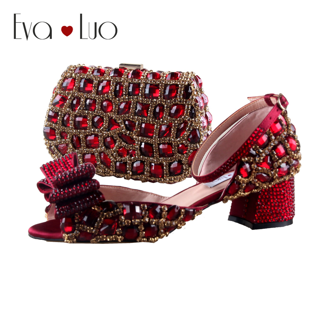 BS1144 Custom Made Block Heel Wine Red Burgundy  Crystal Shoes With Matching Bag Set Bridal Wedding Shoes  Women Low Heel Shoes