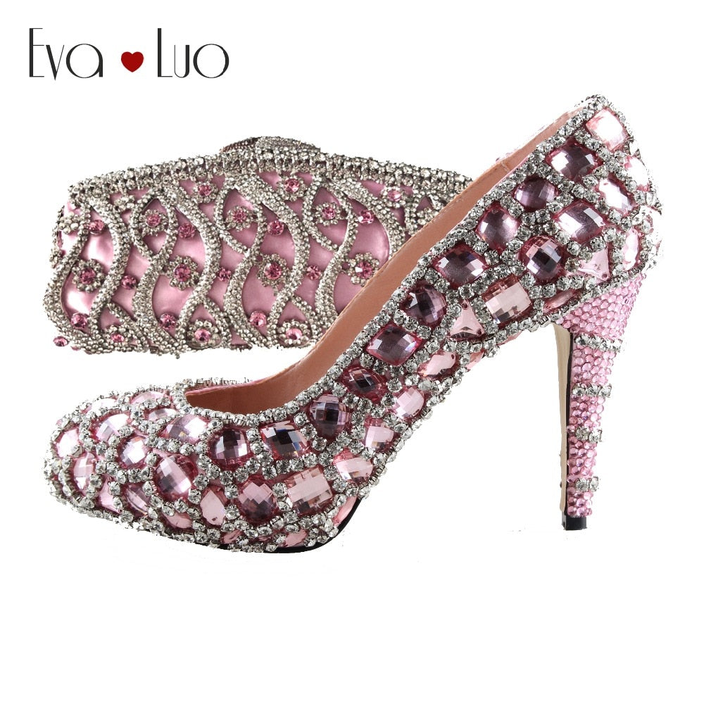 BS946 Custom Handmade Rhinestone Light Pink Crystal Shoes And Bag Set Bridal Wedding Shoes Women Pumps High Heels Shoes