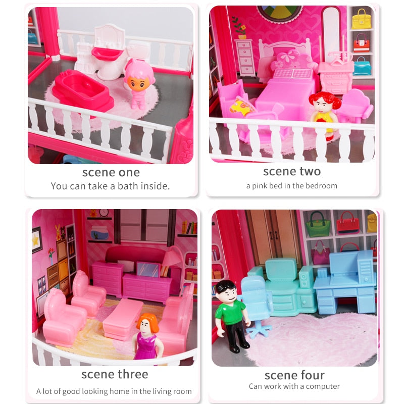 Kids Dollhouse Toys Pink Assemble Princess Villa Handmade Construction Casa Miniature Furniture Dollhouse For Children Gift