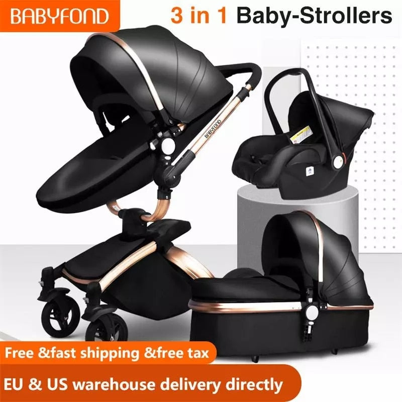 Babyfond 3 in 1 Baby Stroller High Landscape Stroller 360 Degree Carriage PU Pram EU Safety Car Seat Bassinet Newborn Trolley