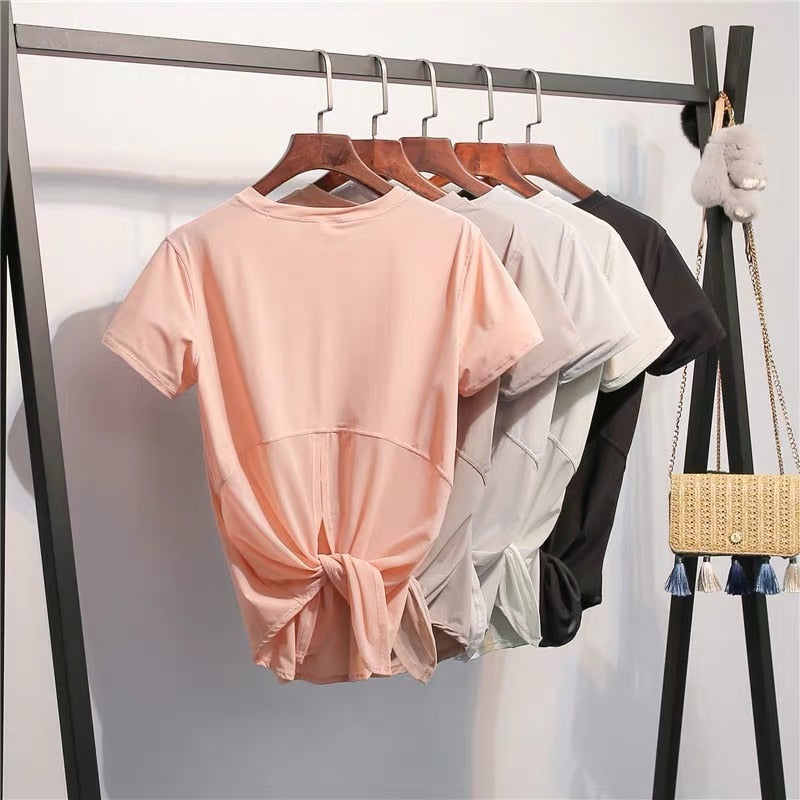 Back Mesh Patchwork Yoga Sport T-shirt Women Loose Fit O-neck Workout Running Tee Tops Fitness Short-Sleeved Shirts