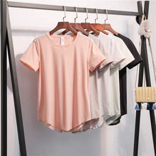 將圖片載入圖庫檢視器 Back Mesh Patchwork Yoga Sport T-shirt Women Loose Fit O-neck Workout Running Tee Tops Fitness Short-Sleeved Shirts
