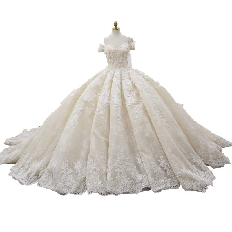 Ball Gown Luxury  Wedding Dresses Arabic  2018 Real Photo 3D Floral Handmade Flowers Chapel Train Tulle  Sleeveless Bridal Gowns