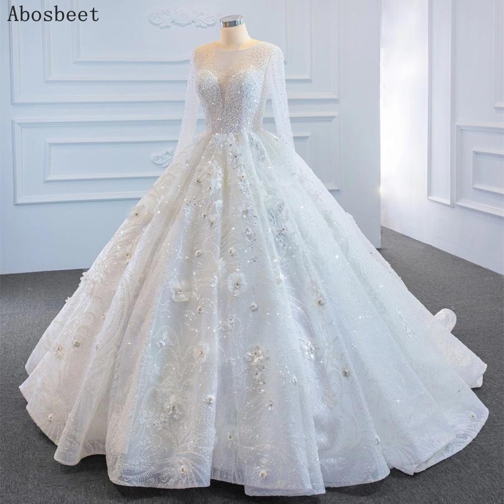 Ball Gown Wedding Dress Long Sleeve with 3D Flowers Sequins Pearls Beads Puffy Wedding Gowns for Bridal 2021 with Train Lace Up